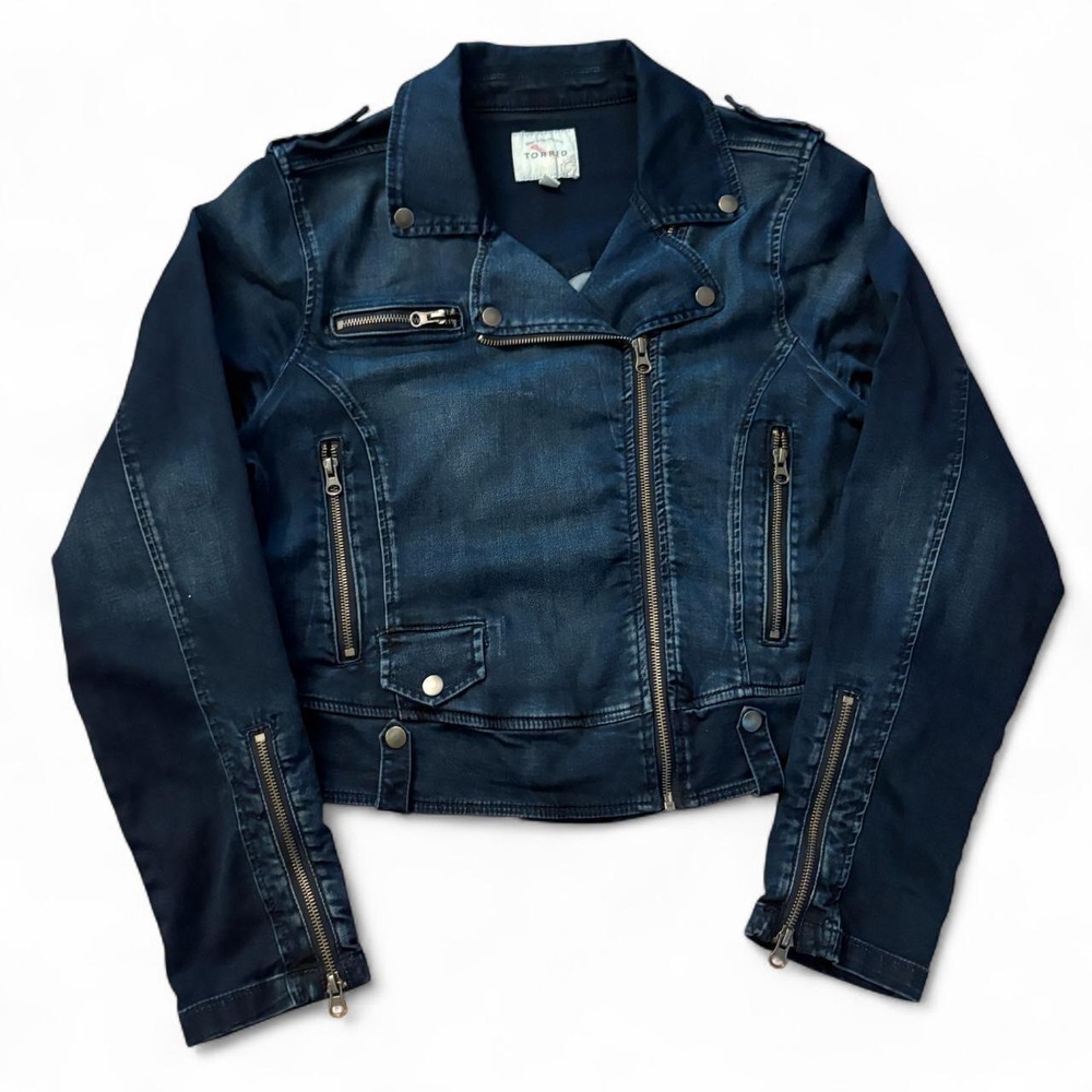 Torrid Dark Wash Denim Moto Biker Jacket Size 2 Navy Blue Y2K Zip Front
